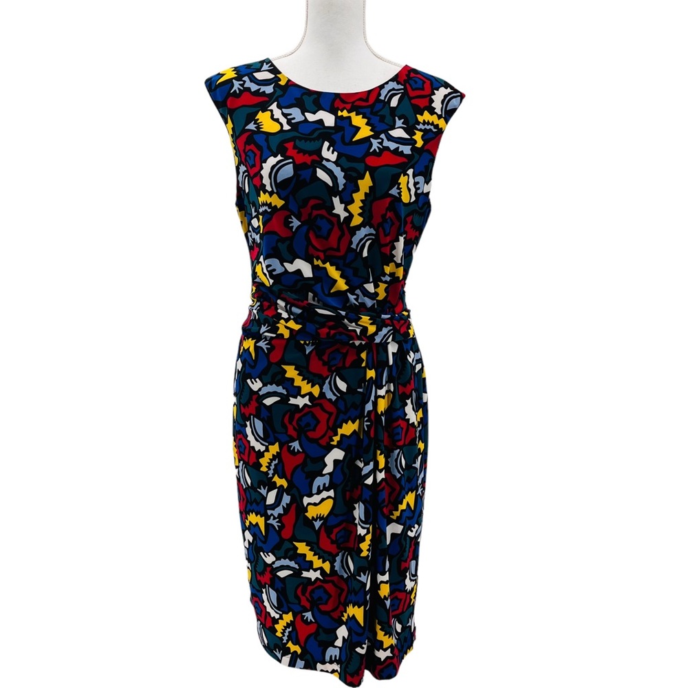Anne Klein Stretch Dress Colorful Abstract Bold Shapes Draped Eye Catching Sz 1X